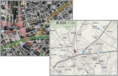 Googleマップ（左：航空写真／右：地形図）